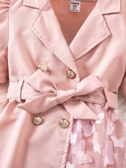 SHEIN معطف فتاة صغيرة مع طوق، أكمام طويلة، حزام، نمط شبكي بشكل فراشة على الجانب الأيسر، خيار هدية جذاب وجميل معطف فستان فراشة للبنات، فستان وردي للبنات، فستان طويل الأكمام للبنات، معطف فستان للبنات الصغيرات