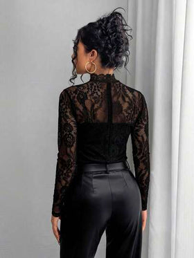 Rafferiza تي شيرت طويل الأكمام مطرز بالدانتيل شفاف وأنيق للنساء