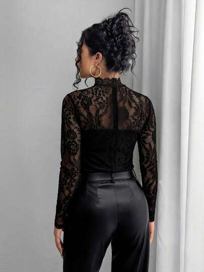 Rafferiza تي شيرت طويل الأكمام مطرز بالدانتيل شفاف وأنيق للنساء