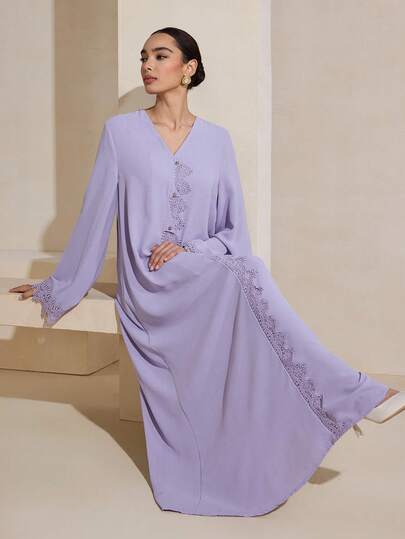 Graceveil رمضان فستان عباية طويل الأكمام بلون أحادي بسيط، للارتداء اليومي للنساء