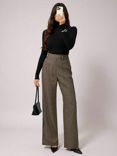 SHEIN Tall بنطلون نسائي ذو خصر عالي بنمط هاوندزتوث مستقيم فضفاض للاستخدام اليومي، للأعمال، الرجعية، الحفلات، الرحلات، المال القديم، الغرام الساحر، حفلات التخرج، الحفلات الراقصة، عيد الحب، رحلات البحر، التنقل، متعدد الطبقات، ليلة المواعدة، التجمعات، البساط