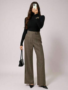 SHEIN Tall بنطلون نسائي ذو خصر عالي بنمط هاوندزتوث مستقيم فضفاض للاستخدام اليومي، للأعمال، الرجعية، الحفلات، الرحلات، المال القديم، الغرام الساحر، حفلات التخرج، الحفلات الراقصة، عيد الحب، رحلات البحر، التنقل، متعدد الطبقات، ليلة المواعدة، التجمعات، البساط