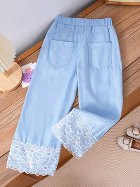 SHEIN بنطلون جينز أزرق مستقيم الساق مشوه للبنات متعدد الاستخدامات