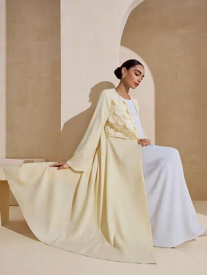 Graceveil رمضان عباءة نسائية مطرزة بخرز مكعب كريمي أصفر