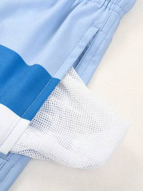 Manfinity Swimmode شورت كاجوال فضفاض بخصر مطاطي وسحاب للرجال، بتصميم شريطي متباين، شورتات سباحة صيفية للرجال، ملابس سباحة رجالية مثيرة، بدلة سباحة رجالية