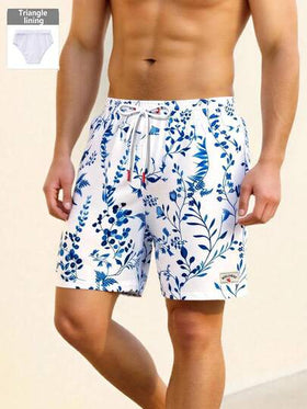 Manfinity Swimmode شورت كاجوال متعدد الاستخدامات للشاطئ مع خصر رباط مطبوع بنقشة الزهور للرجال