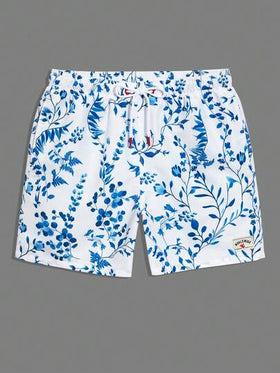 Manfinity Swimmode شورت كاجوال متعدد الاستخدامات للشاطئ مع خصر رباط مطبوع بنقشة الزهور للرجال