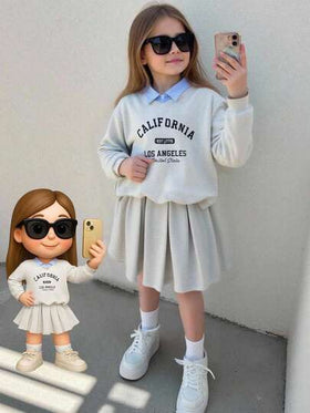 Elladie kids مجموعة بلوزة وتنورة بطباعة أرقام بطراز الرياضة الأمريكية الكلاسيكي مناسبة للفتيات المراهقات، مناسبة للرياضة والارتداء اليومي، للربيع والخريف والشتاء المبكر، قطعتان