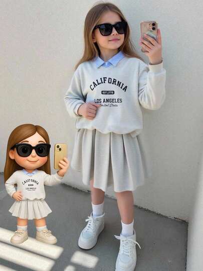 Elladie kids مجموعة بلوزة وتنورة بطباعة أرقام بطراز الرياضة الأمريكية الكلاسيكي مناسبة للفتيات المراهقات، مناسبة للرياضة والارتداء اليومي، للربيع والخريف والشتاء المبكر، قطعتان