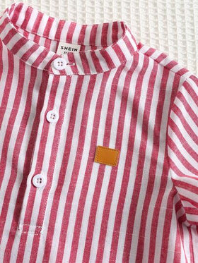 SHEIN مجموعة قميص ذو ياقة مندرين رمادي وبنطلون ذو خصر مطاطي مخطط للأولاد الرضع، مناسبة لحفلات عيد الميلاد، الحفلات المسائية، الأداء، الزفاف، حفلات استقبال المولود الجديد، احتفال عيد الميلاد الأول