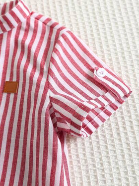 SHEIN مجموعة قميص ذو ياقة مندرين رمادي وبنطلون ذو خصر مطاطي مخطط للأولاد الرضع، مناسبة لحفلات عيد الميلاد، الحفلات المسائية، الأداء، الزفاف، حفلات استقبال المولود الجديد، احتفال عيد الميلاد الأول