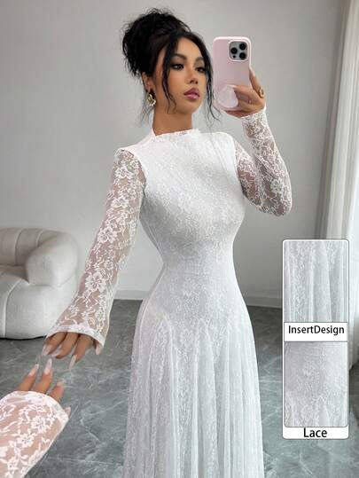 Modelyn رمضان فستان نسائي بياقة عالية وخصر مشدود من الدانتيل باللون الأحمر