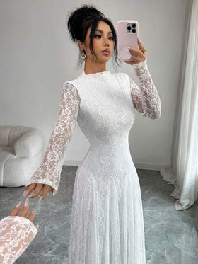 Modelyn رمضان فستان نسائي بياقة عالية وخصر مشدود من الدانتيل باللون الأحمر