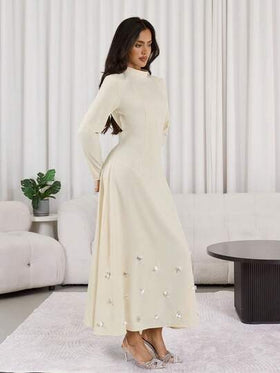 Modelyn فستان نسائي أكمام طويلة لون سادة مزين بالراين للاستخدام اليومي البسيط