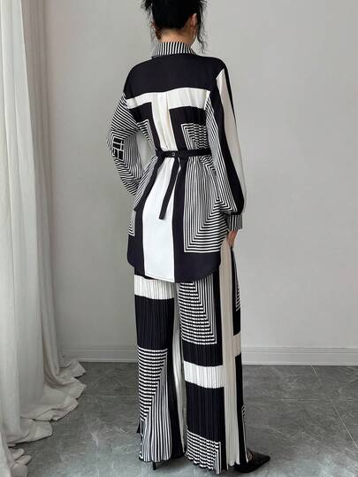 SHEIN Raffinéa مجموعة جديدة من التصميم المتخصص: قميص بياقة وأكمام طويلة مربوط الخصر مع نسيج متدلٍ راقٍ + بنطال واسع الساق مطوي، مجموعة أنيقة من قطعتين تفوح منها رقي وتميز