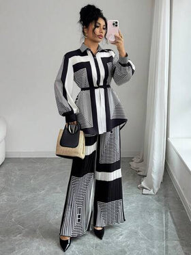 SHEIN Raffinéa مجموعة جديدة من التصميم المتخصص: قميص بياقة وأكمام طويلة مربوط الخصر مع نسيج متدلٍ راقٍ + بنطال واسع الساق مطوي، مجموعة أنيقة من قطعتين تفوح منها رقي وتميز