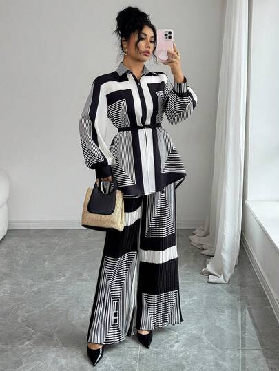 SHEIN Raffinéa مجموعة جديدة من التصميم المتخصص: قميص بياقة وأكمام طويلة مربوط الخصر مع نسيج متدلٍ راقٍ + بنطال واسع الساق مطوي، مجموعة أنيقة من قطعتين تفوح منها رقي وتميز