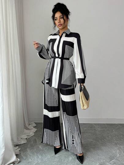 SHEIN Raffinéa مجموعة جديدة من التصميم المتخصص: قميص بياقة وأكمام طويلة مربوط الخصر مع نسيج متدلٍ راقٍ + بنطال واسع الساق مطوي، مجموعة أنيقة من قطعتين تفوح منها رقي وتميز