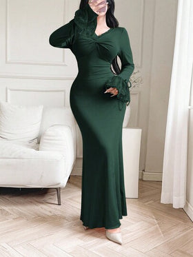 Feyla رمضان فستان نسائي بأكمام طويلة وياقة على شكل حرف V مع تطريز دانتيل