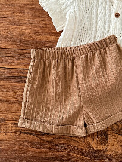 SHEIN طقم قميص كاجوال قصير الأكمام مصنوع من الأبريكوت المحبوك وشورت ذو خصر مطاطي للأطفال الرضع الذكور