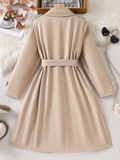 SHEIN 1 قطعة جاكيت طويل مزدوج الصدر مع حزام قابل للعكس، من القماش المنسوج بلون الخاكي، مناسب للربيع والخريف والشتاء، للخارج والسفر والشارع والكاجوال والمنزل والتنقل