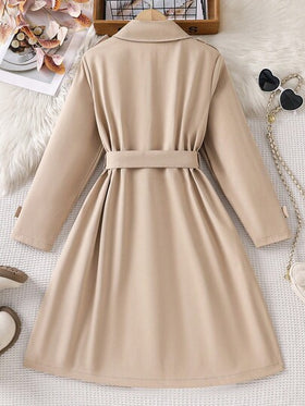 SHEIN 1 قطعة جاكيت طويل مزدوج الصدر مع حزام قابل للعكس، من القماش المنسوج بلون الخاكي، مناسب للربيع والخريف والشتاء، للخارج والسفر والشارع والكاجوال والمنزل والتنقل