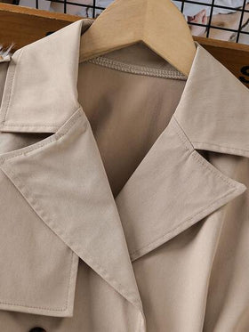 SHEIN 1 قطعة جاكيت طويل مزدوج الصدر مع حزام قابل للعكس، من القماش المنسوج بلون الخاكي، مناسب للربيع والخريف والشتاء، للخارج والسفر والشارع والكاجوال والمنزل والتنقل