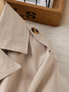 SHEIN 1 قطعة جاكيت طويل مزدوج الصدر مع حزام قابل للعكس، من القماش المنسوج بلون الخاكي، مناسب للربيع والخريف والشتاء، للخارج والسفر والشارع والكاجوال والمنزل والتنقل