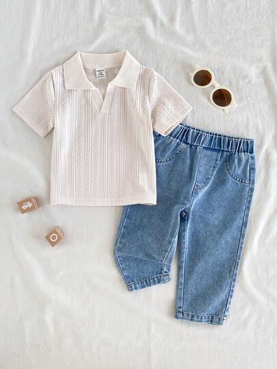 SHEIN Vintaside Kids طقم ملابس أطفال صبيان كاجوال بياقة صغيرة وأكمام قصيرة مع بنطال جينز مغسول عصري، مناسب للارتداء اليومي، التخييم العائلي، الطعام أو التسوق