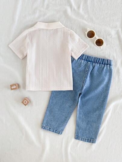 SHEIN Vintaside Kids طقم ملابس أطفال صبيان كاجوال بياقة صغيرة وأكمام قصيرة مع بنطال جينز مغسول عصري، مناسب للارتداء اليومي، التخييم العائلي، الطعام أو التسوق