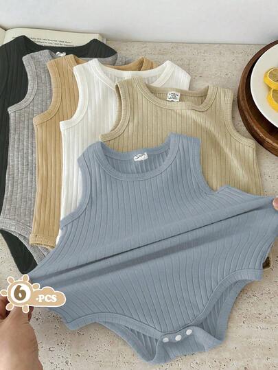 SHEIN Vintaside Kids بوديسوت أطفال صيفية بدون أكمام مجموعة من 6 قطع، متعددة الألوان تشمل الأسود والأبيض والرمادي والبرتقالي الداكن والأزرق الفاتح والبيج الفاتح وألوان كلاسيكية أخرى
