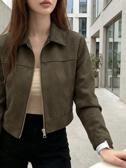 جاكيت نسائية مزودة بياقة مخملية صناعية ذات لون أحادي مع سحاب، للارتداء اليومي للمدرسة والمطار، مناسبة للربيع والخريف