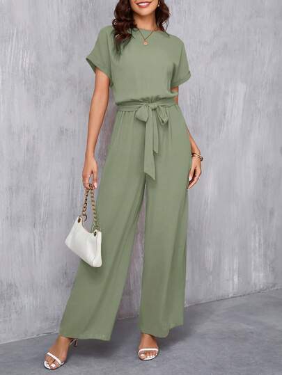 SHEIN Clasi جمبسوت أنيقة للنساء بياقة مستديرة وحزام الخصر وساق واسعة
