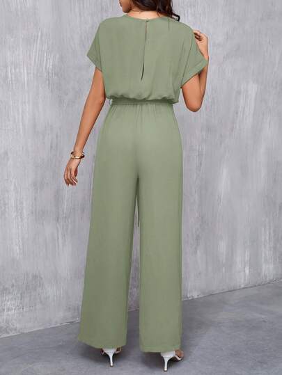 SHEIN Clasi جمبسوت أنيقة للنساء بياقة مستديرة وحزام الخصر وساق واسعة