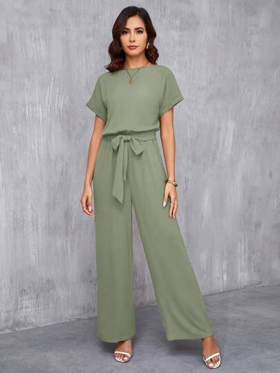 SHEIN Clasi جمبسوت أنيقة للنساء بياقة مستديرة وحزام الخصر وساق واسعة