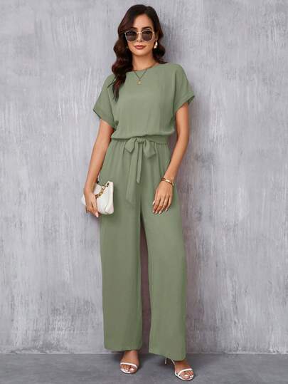 SHEIN Clasi جمبسوت أنيقة للنساء بياقة مستديرة وحزام الخصر وساق واسعة