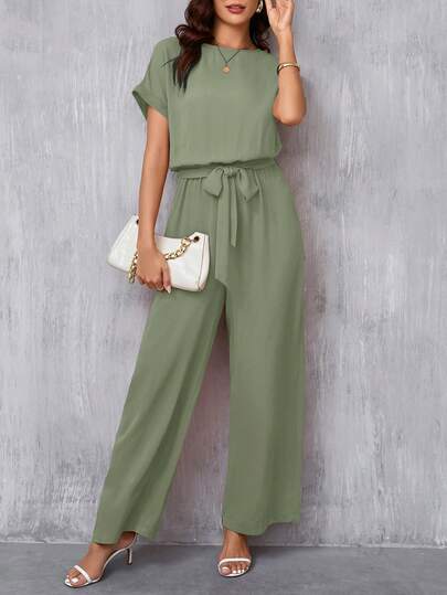 SHEIN Clasi جمبسوت أنيقة للنساء بياقة مستديرة وحزام الخصر وساق واسعة