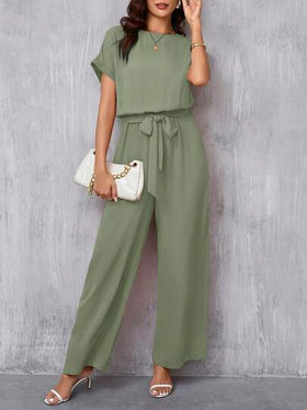 SHEIN Clasi جمبسوت أنيقة للنساء بياقة مستديرة وحزام الخصر وساق واسعة
