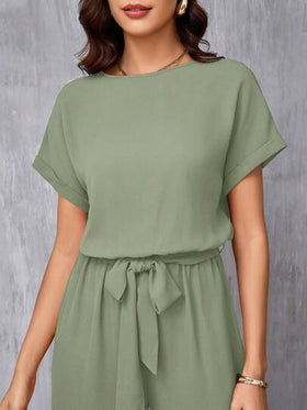 SHEIN Clasi جمبسوت أنيقة للنساء بياقة مستديرة وحزام الخصر وساق واسعة