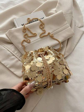حقيبة دلو من البولي فينيل كلوريد المرصعة بالترتر اللامع مع إغلاق بسلسلة، مزينة بالخرز المعدني واللؤلؤ والبريق، حقيبة كلاتش للسهرة والمساء للنساء، هدية أنيقة مناسبة للحفلات والسهرات النسائية