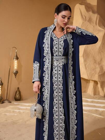Layrah رمضان مجموعة كارديجان أنيقة بأكمام طويلة مزينة بالدانتيل الزهري 2 قطعة للنساء