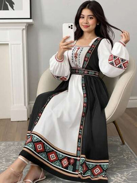 SHEIN فستان كاجوال منسوج بأكمام طويلة وياقة مربعة مطبوع للمراهقات
