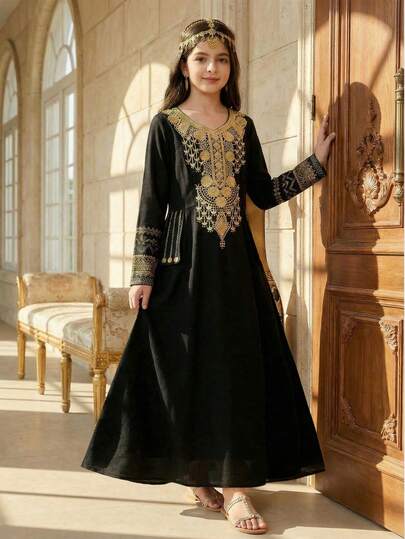 SHEIN فستان طويل الأكمام بخصر مناسب، موحد اللون مع تطريز ذهبي للفتيات المراهقات، مناسب للسفر والعطلات والريف والمنتجعات الكاجوال والبوهيمي، متناسق مع الأم والابنة