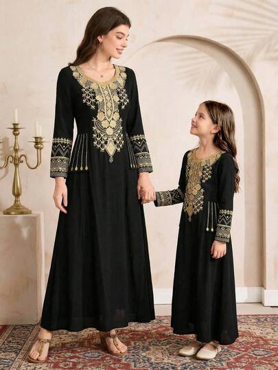 SHEIN فستان طويل الأكمام بخصر مناسب، موحد اللون مع تطريز ذهبي للفتيات المراهقات، مناسب للسفر والعطلات والريف والمنتجعات الكاجوال والبوهيمي، متناسق مع الأم والابنة