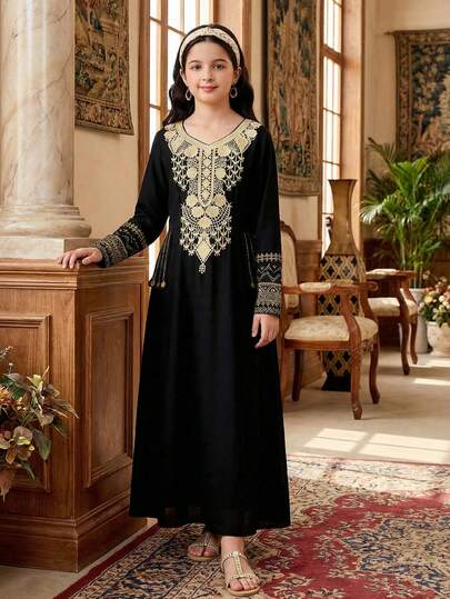 SHEIN فستان طويل الأكمام بخصر مناسب، موحد اللون مع تطريز ذهبي للفتيات المراهقات، مناسب للسفر والعطلات والريف والمنتجعات الكاجوال والبوهيمي، متناسق مع الأم والابنة