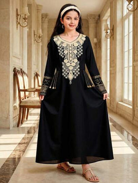 SHEIN فستان طويل الأكمام بخصر مناسب، موحد اللون مع تطريز ذهبي للفتيات المراهقات، مناسب للسفر والعطلات والريف والمنتجعات الكاجوال والبوهيمي، متناسق مع الأم والابنة