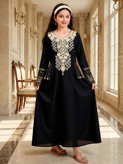 SHEIN فستان طويل الأكمام بخصر مناسب، موحد اللون مع تطريز ذهبي للفتيات المراهقات، مناسب للسفر والعطلات والريف والمنتجعات الكاجوال والبوهيمي، متناسق مع الأم والابنة
