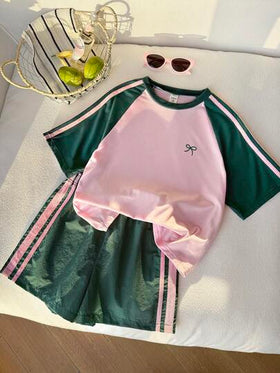 SHEIN طقم تي شيرت أكمام قصيرة وشورت للفتيات المراهقات، بلوك ألوان، قماش خفيف الوزن، مناسب للارتداء اليومي، الرياضة العادية أو التنسيق، صيفي