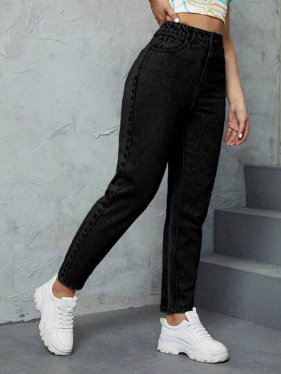 SHEIN ICON بنطال جينز أم بلون سادة عادي