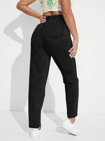 SHEIN ICON بنطال جينز أم بلون سادة عادي